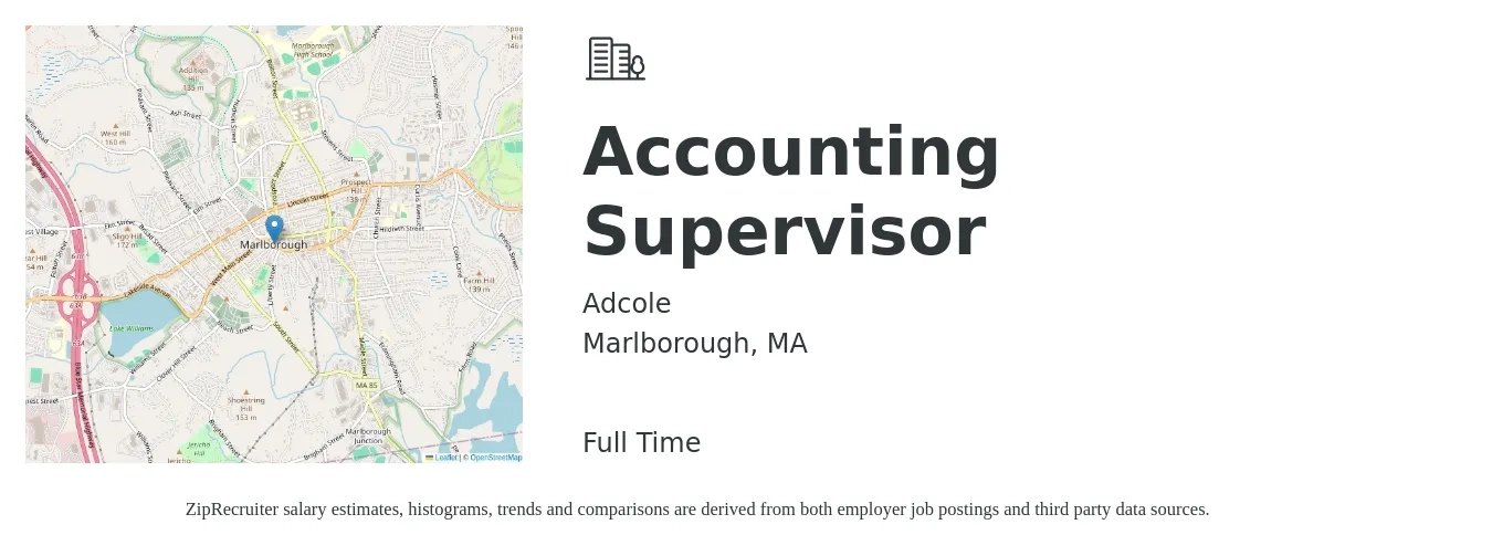 Adcole job posting for a Accounting Supervisor in Marlborough, MA with a salary of $80,900 to $116,200 Yearly with a map of Marlborough location.