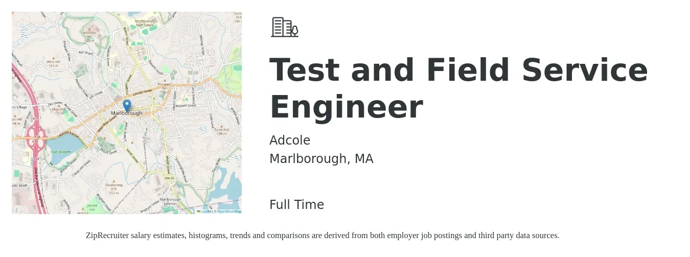 Adcole job posting for a Test and Field Service Engineer in Marlborough, MA with a salary of $59,100 to $87,600 Yearly with a map of Marlborough location.