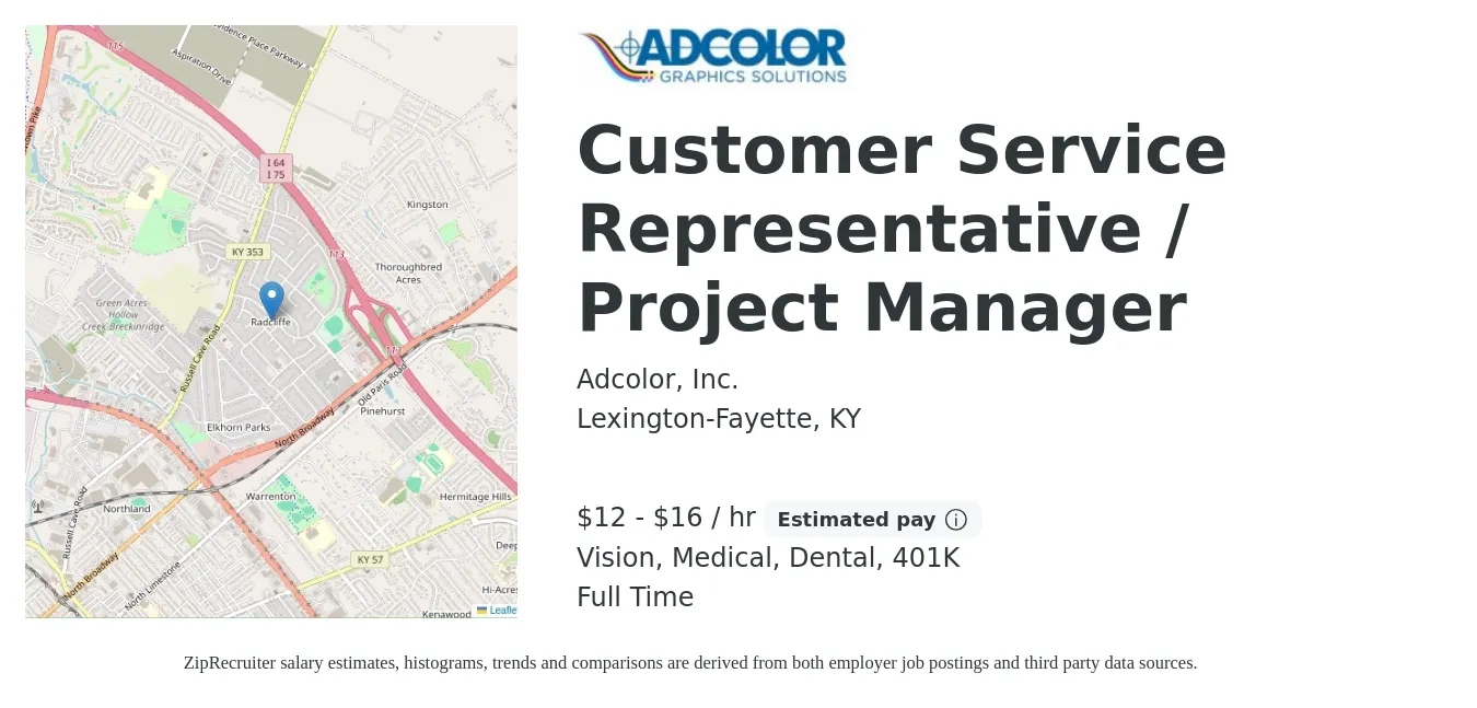 Adcolor, Inc. job posting for a Customer Service Representative / Project Manager in Lexington-Fayette, KY with a salary of $13 to $17 Hourly and benefits including dental, medical, vision, and 401k with a map of Lexington-Fayette location.