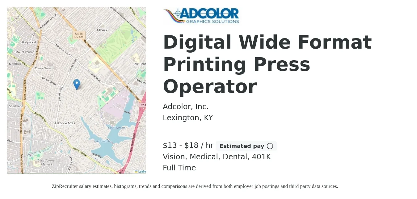 Adcolor, Inc. job posting for a Digital Wide Format Printing Press Operator in Lexington, KY with a salary of $14 to $19 Hourly and benefits including medical, vision, 401k, dental, and life_insurance with a map of Lexington location.