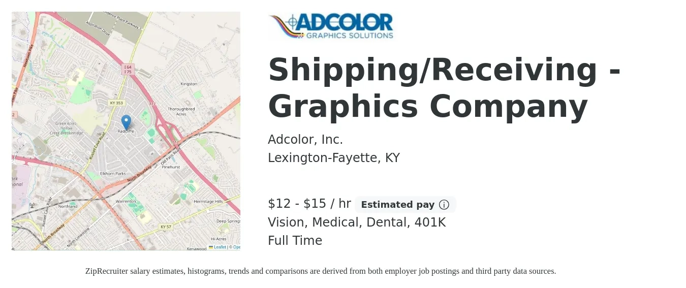 Adcolor, Inc. job posting for a Shipping/Receiving - Graphics Company in Lexington-Fayette, KY with a salary of $13 to $16 Hourly and benefits including dental, medical, vision, and 401k with a map of Lexington-Fayette location.