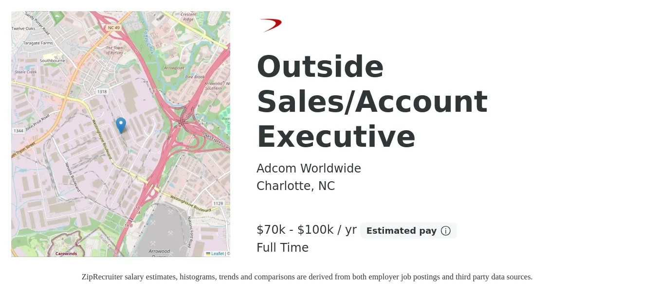 Adcom Worldwide job posting for a Outside Sales/Account Executive in Charlotte, NC with a salary of $70,000 to $100,000 Yearly with a map of Charlotte location.