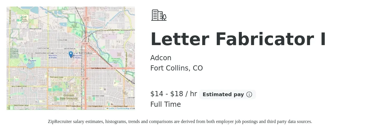 Adcon job posting for a Letter Fabricator I in Fort Collins, CO with a salary of $15 to $19 Hourly with a map of Fort Collins location.