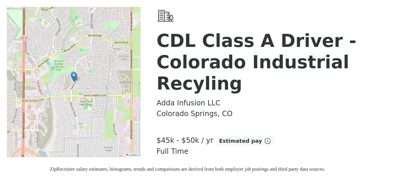 Adda Infusion LLC job posting for a CDL Class A Driver - Colorado Industrial Recyling in Colorado Springs, CO with a salary of $45,000 to $50,000 Yearly with a map of Colorado Springs location.