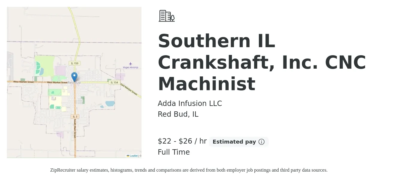 Adda Infusion LLC job posting for a Southern IL Crankshaft, Inc. CNC Machinist in Red Bud, IL with a salary of $23 to $28 Hourly with a map of Red Bud location.