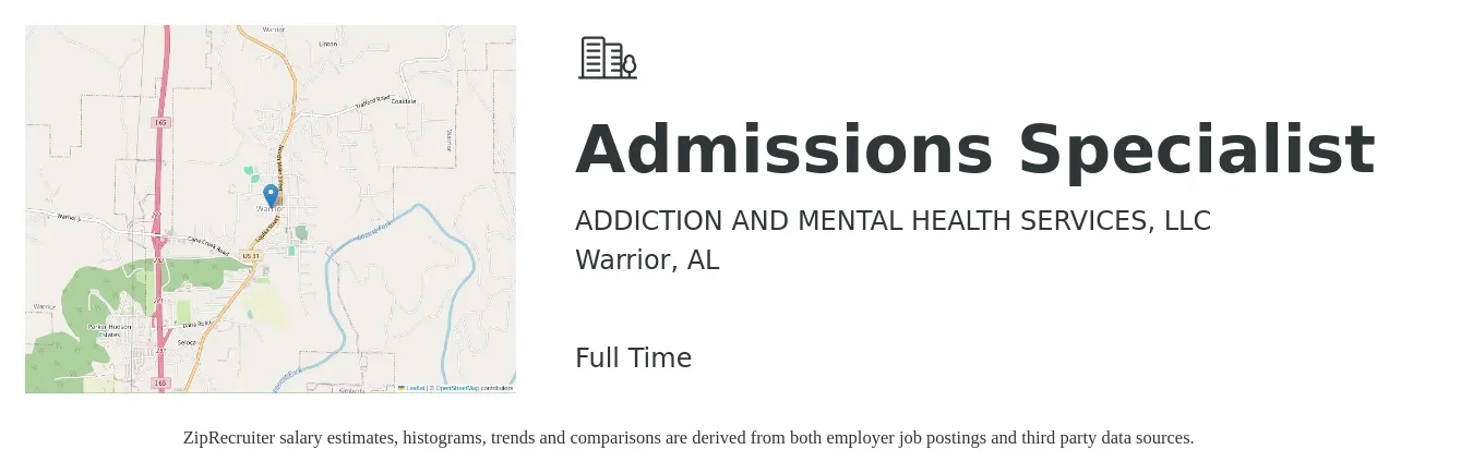 ADDICTION AND MENTAL HEALTH SERVICES, LLC job posting for a Admissions Specialist in Warrior, AL with a salary of $18 to $25 Hourly with a map of Warrior location.