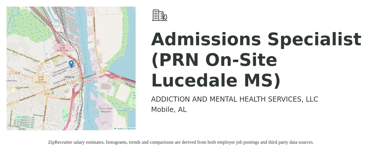 ADDICTION AND MENTAL HEALTH SERVICES, LLC job posting for a Admissions Specialist (PRN On-Site Lucedale MS) in Mobile, AL with a salary of $18 to $26 Hourly with a map of Mobile location.