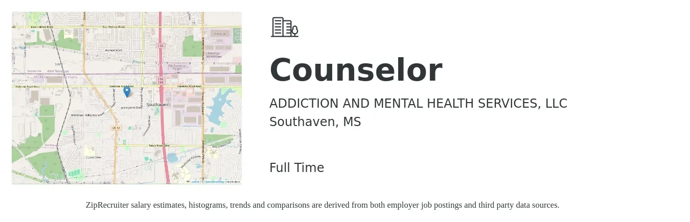 ADDICTION AND MENTAL HEALTH SERVICES, LLC job posting for a Counselor in Southaven, MS with a salary of $18 to $25 Hourly with a map of Southaven location.