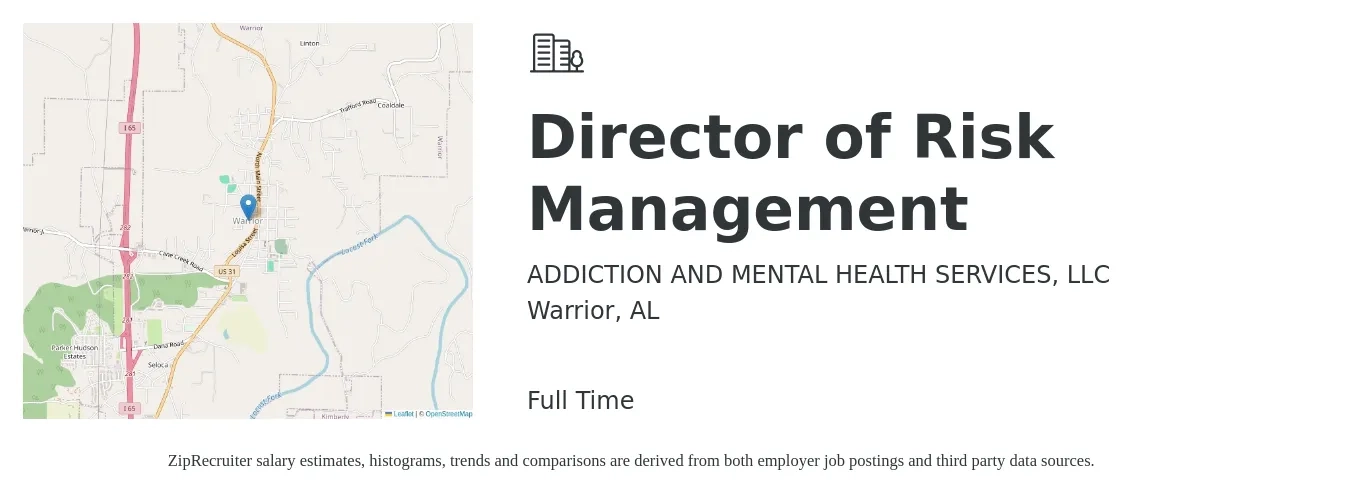 ADDICTION AND MENTAL HEALTH SERVICES, LLC job posting for a Director of Risk Management in Warrior, AL with a salary of $101,100 to $160,500 Yearly with a map of Warrior location.