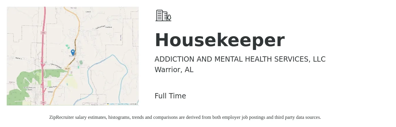 ADDICTION AND MENTAL HEALTH SERVICES, LLC job posting for a Housekeeper in Warrior, AL with a salary of $14 to $17 Hourly with a map of Warrior location.