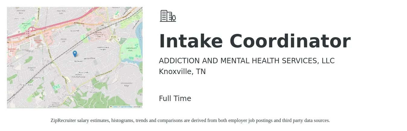 ADDICTION AND MENTAL HEALTH SERVICES, LLC job posting for a Intake Coordinator in Knoxville, TN with a salary of $16 to $21 Hourly with a map of Knoxville location.