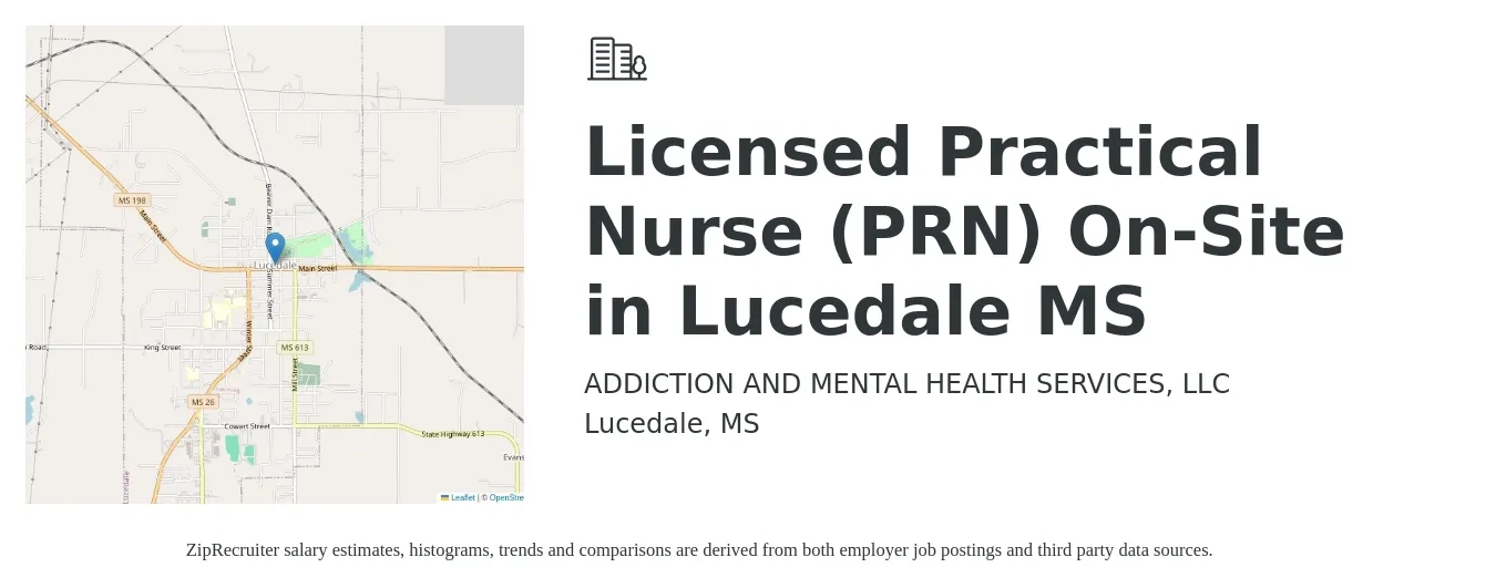 ADDICTION AND MENTAL HEALTH SERVICES, LLC job posting for a Licensed Practical Nurse (PRN) On-Site in Lucedale MS in Lucedale, MS with a salary of $22 to $30 Hourly with a map of Lucedale location.