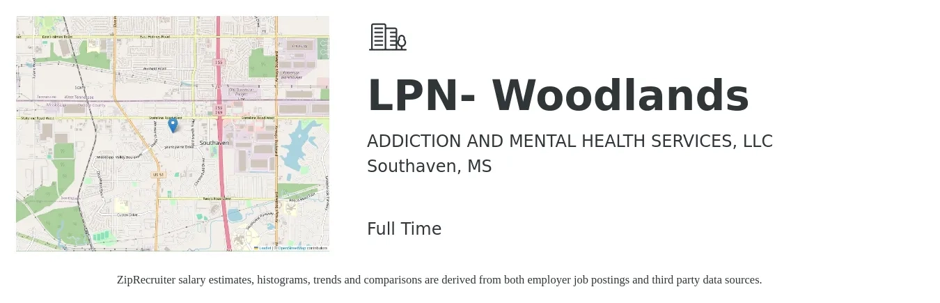 ADDICTION AND MENTAL HEALTH SERVICES, LLC job posting for a LPN- Woodlands in Southaven, MS with a salary of $24 to $32 Hourly with a map of Southaven location.