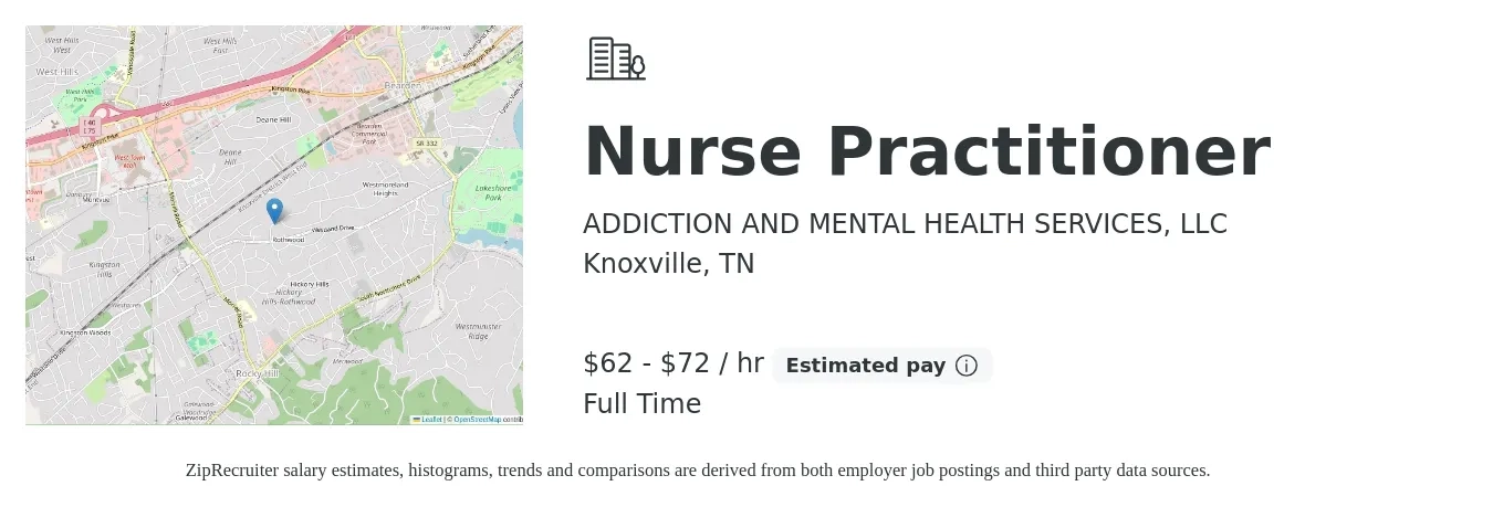 ADDICTION AND MENTAL HEALTH SERVICES, LLC job posting for a Nurse Practitioner in Knoxville, TN with a salary of $65 to $75 Hourly with a map of Knoxville location.