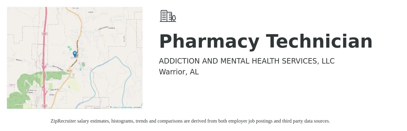 ADDICTION AND MENTAL HEALTH SERVICES, LLC job posting for a Pharmacy Technician in Warrior, AL with a salary of $17 to $20 Hourly with a map of Warrior location.