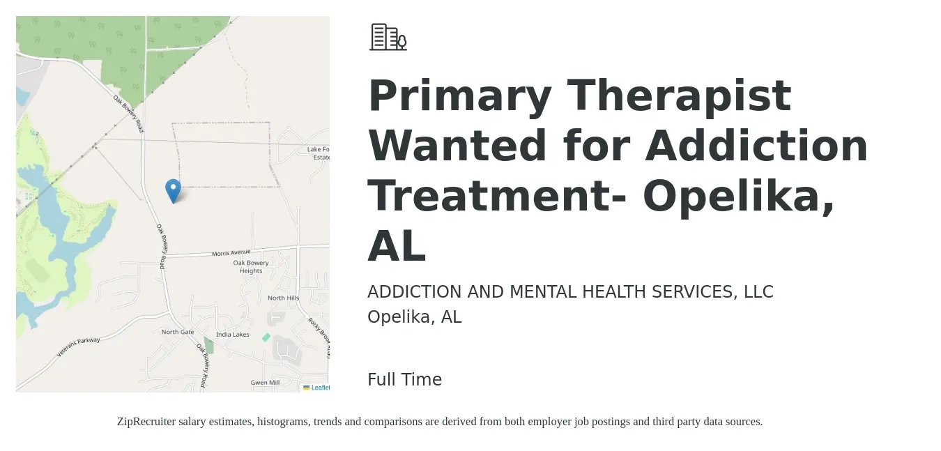 ADDICTION AND MENTAL HEALTH SERVICES, LLC job posting for a Primary Therapist Wanted for Addiction Treatment- Opelika, AL in Opelika, AL with a salary of $49,200 to $65,100 Yearly with a map of Opelika location.