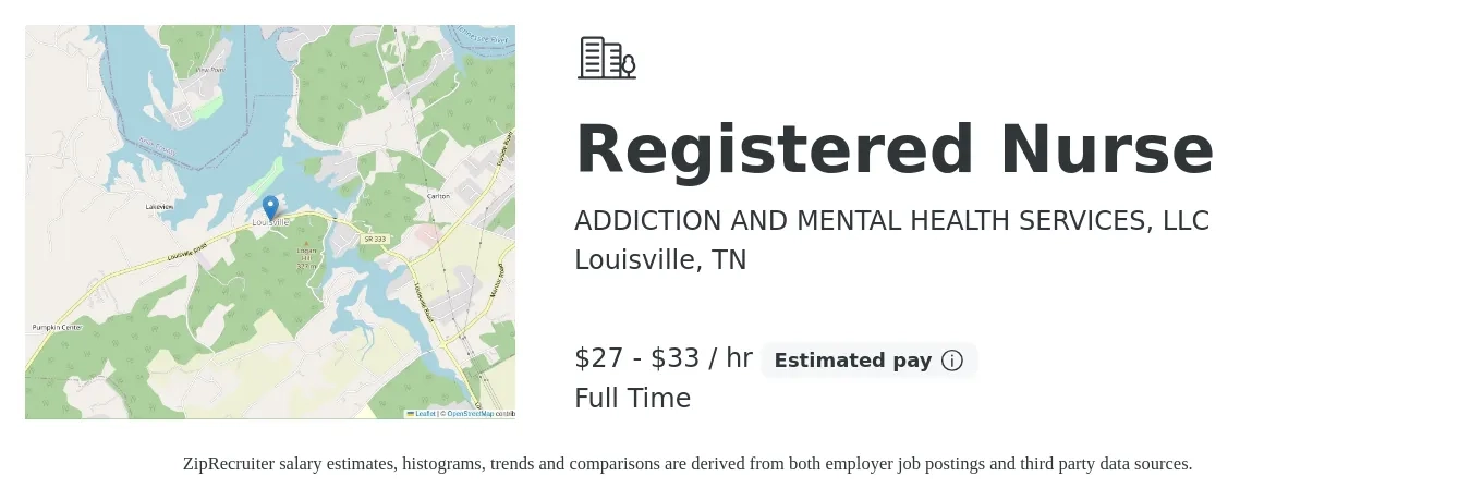 ADDICTION AND MENTAL HEALTH SERVICES, LLC job posting for a Registered Nurse in Louisville, TN with a salary of $29 to $35 Hourly with a map of Louisville location.