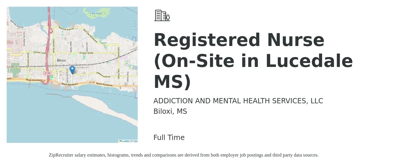 ADDICTION AND MENTAL HEALTH SERVICES, LLC job posting for a Registered Nurse (On-Site in Lucedale MS) in Biloxi, MS with a salary of $29 to $46 Hourly with a map of Biloxi location.