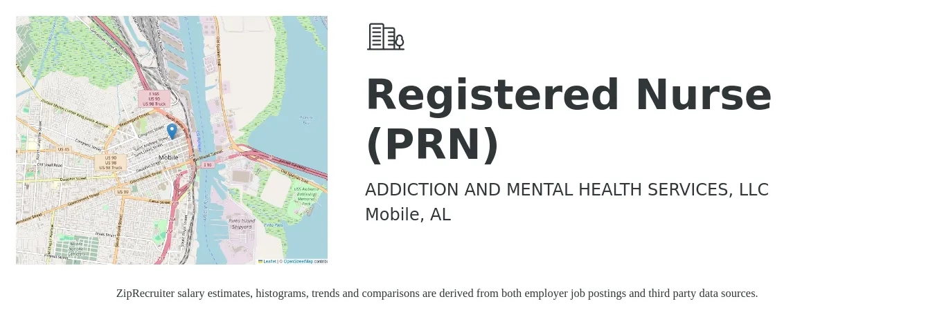 ADDICTION AND MENTAL HEALTH SERVICES, LLC job posting for a Registered Nurse (PRN) in Mobile, AL with a salary of $30 to $44 Hourly with a map of Mobile location.