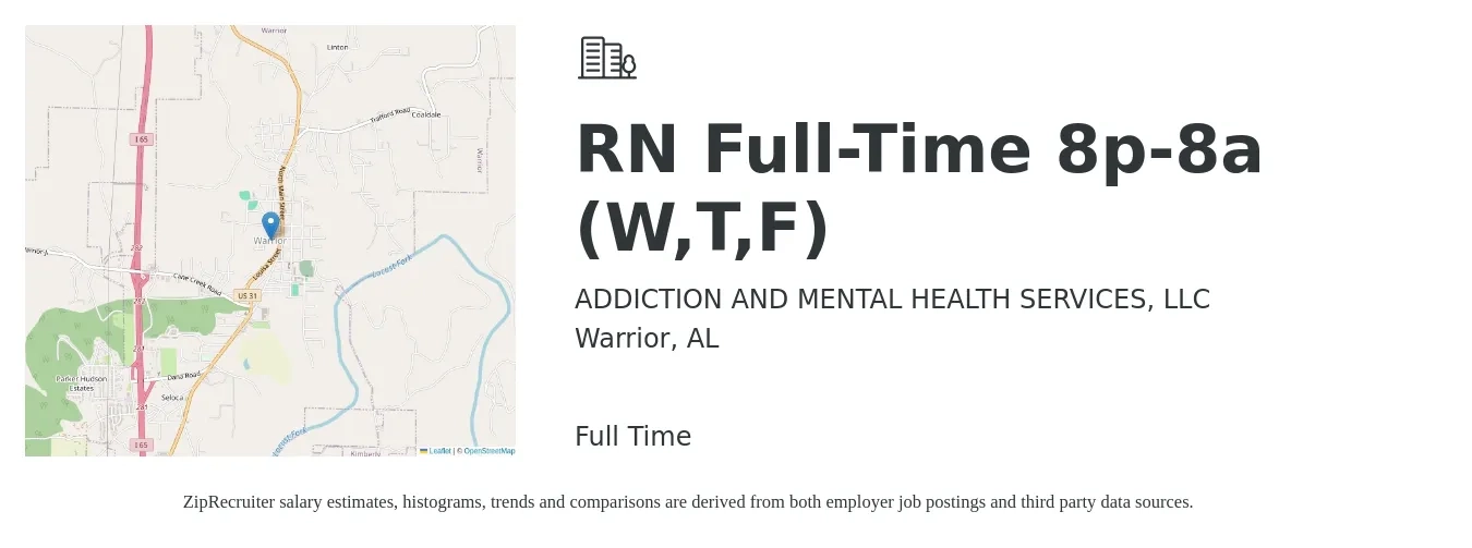 ADDICTION AND MENTAL HEALTH SERVICES, LLC job posting for a RN Full-Time 8p-8a (W,T,F) in Warrior, AL with a salary of $32 to $50 Hourly with a map of Warrior location.