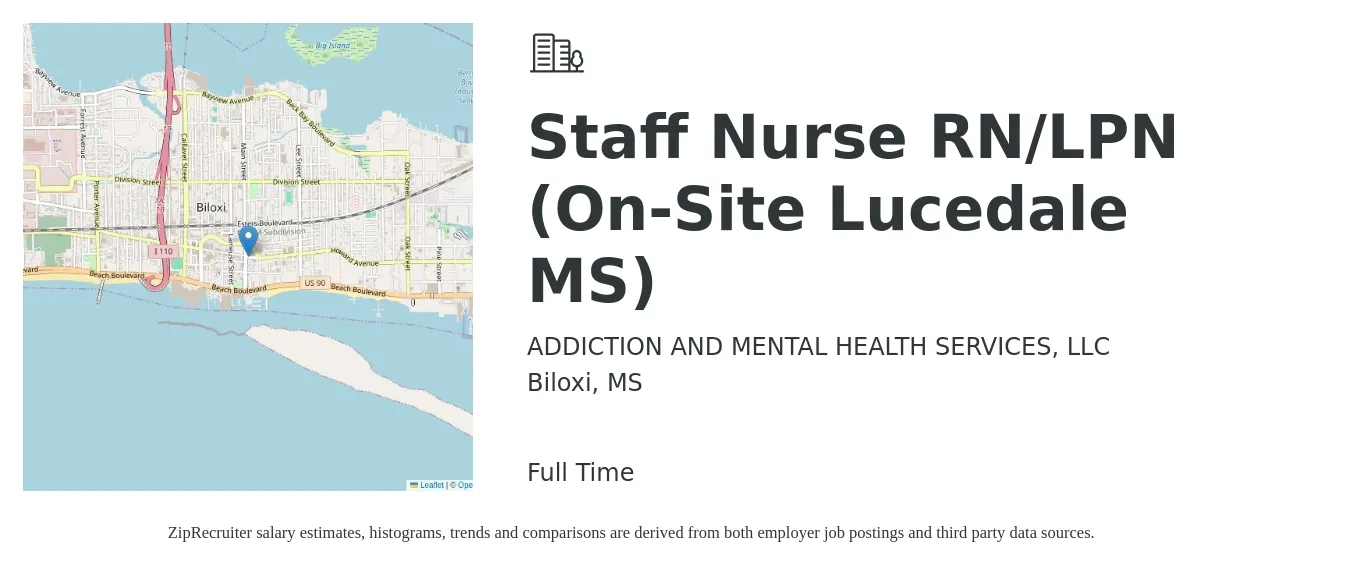 ADDICTION AND MENTAL HEALTH SERVICES, LLC job posting for a Staff Nurse RN/LPN (On-Site Lucedale MS) in Biloxi, MS with a salary of $29 to $48 Hourly with a map of Biloxi location.