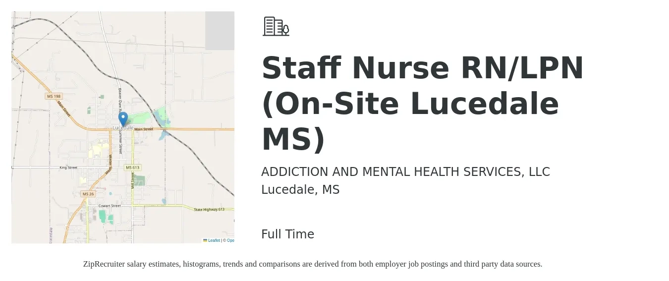 ADDICTION AND MENTAL HEALTH SERVICES, LLC job posting for a Staff Nurse RN/LPN (On-Site Lucedale MS) in Lucedale, MS with a salary of $28 to $46 Hourly with a map of Lucedale location.