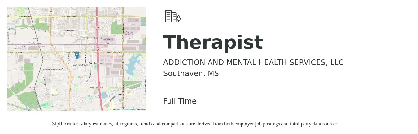 ADDICTION AND MENTAL HEALTH SERVICES, LLC job posting for a Therapist in Southaven, MS with a salary of $47,500 to $65,700 Yearly with a map of Southaven location.