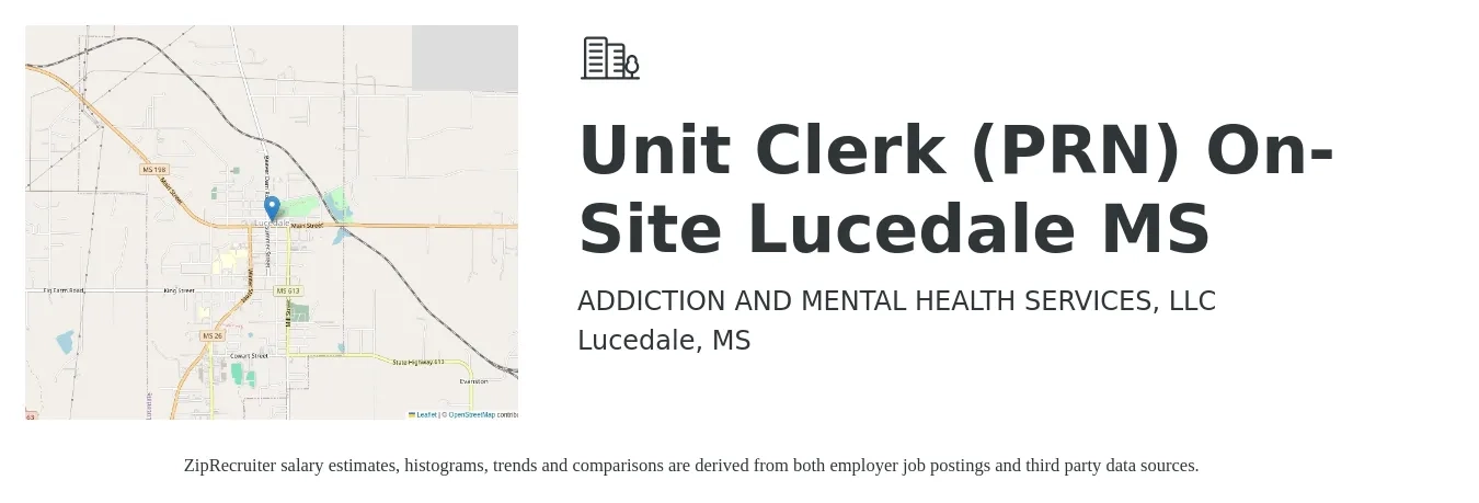 ADDICTION AND MENTAL HEALTH SERVICES, LLC job posting for a Unit Clerk (PRN) On-Site Lucedale MS in Lucedale, MS with a salary of $16 to $20 Hourly with a map of Lucedale location.