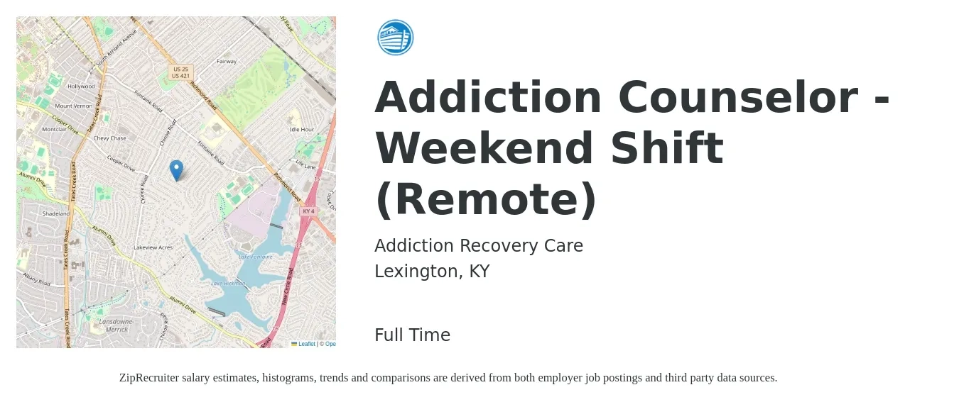 Addiction Recovery Care job posting for a Addiction Counselor - Weekend Shift (Remote) in Lexington, KY with a salary of $44,800 to $60,100 Yearly with a map of Lexington location.