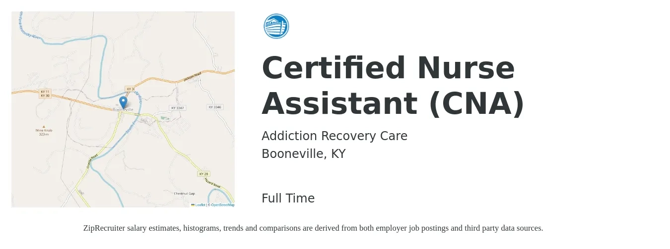 Addiction Recovery Care job posting for a Certified Nurse Assistant (CNA) in Booneville, KY with a salary of $14 to $20 Hourly with a map of Booneville location.