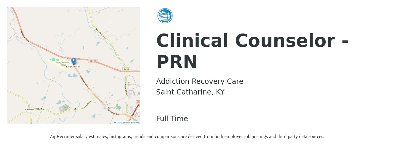 Addiction Recovery Care job posting for a Clinical Counselor - PRN in Saint Catharine, KY with a salary of $18 to $24 Hourly with a map of Saint Catharine location.