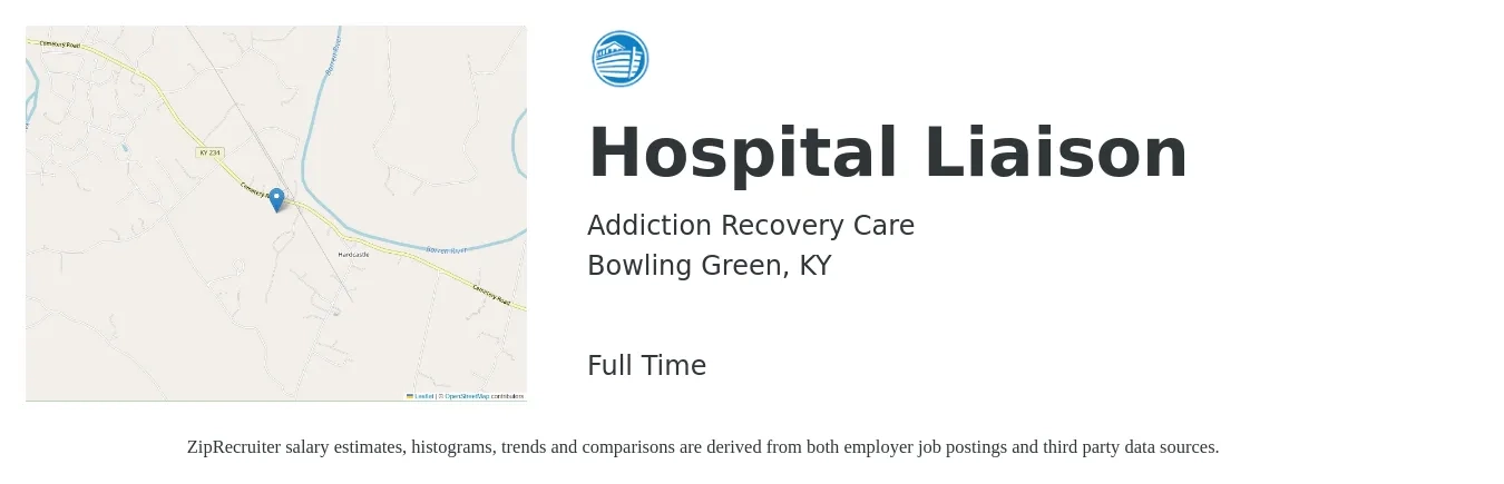 Addiction Recovery Care job posting for a Hospital Liaison in Bowling Green, KY with a salary of $19 to $30 Hourly with a map of Bowling Green location.
