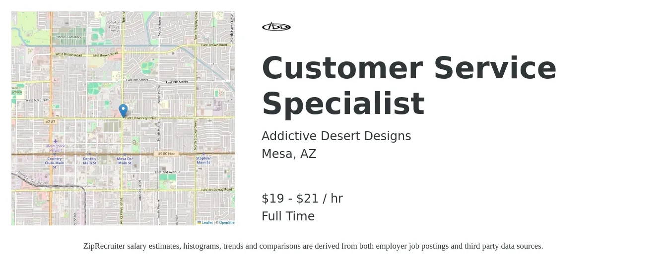 Addictive Desert Designs job posting for a Customer Service Specialist in Mesa, AZ with a salary of $20 to $22 Hourly with a map of Mesa location.