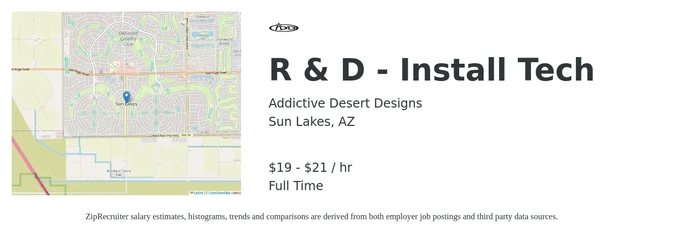 Addictive Desert Designs job posting for a R & D - Install Tech in Sun Lakes, AZ with a salary of $20 to $22 Hourly with a map of Sun Lakes location.