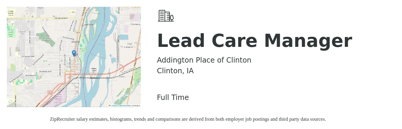 Addington Place of Clinton job posting for a Lead Care Manager in Clinton, IA with a salary of $21 to $25 Hourly with a map of Clinton location.