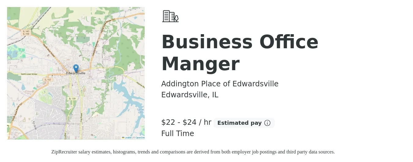 Addington Place of Edwardsville job posting for a Business Office Manger in Edwardsville, IL with a salary of $23 to $25 Hourly with a map of Edwardsville location.