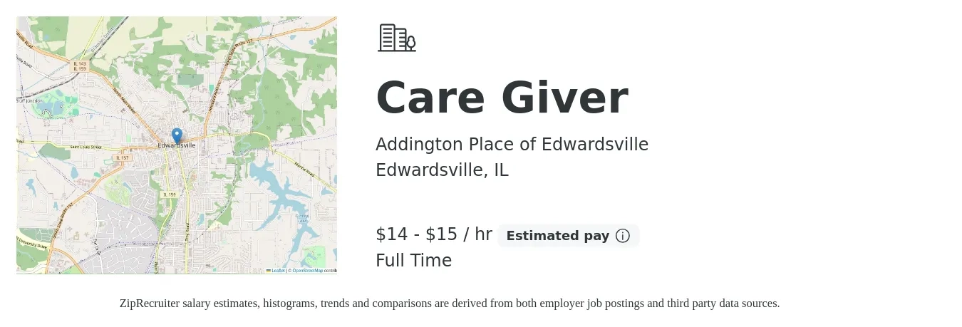 Addington Place of Edwardsville job posting for a Care Giver in Edwardsville, IL with a salary of $15 to $16 Hourly with a map of Edwardsville location.