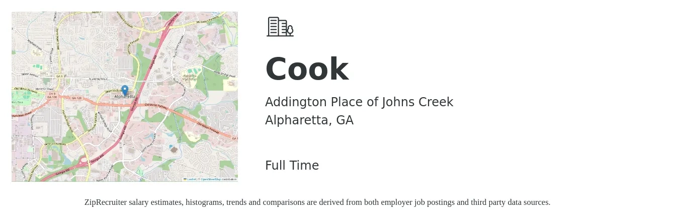 Addington Place of Johns Creek job posting for a Cook in Alpharetta, GA with a salary of $14 to $18 Hourly with a map of Alpharetta location.