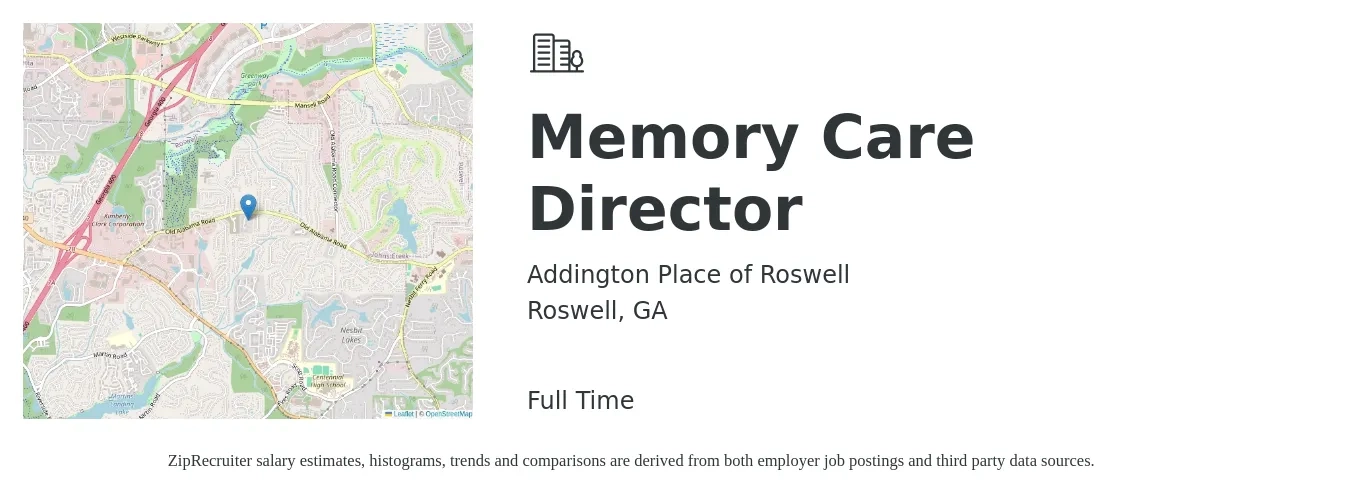 Addington Place of Roswell job posting for a Memory Care Director in Roswell, GA with a salary of $47,800 to $73,600 Yearly with a map of Roswell location.