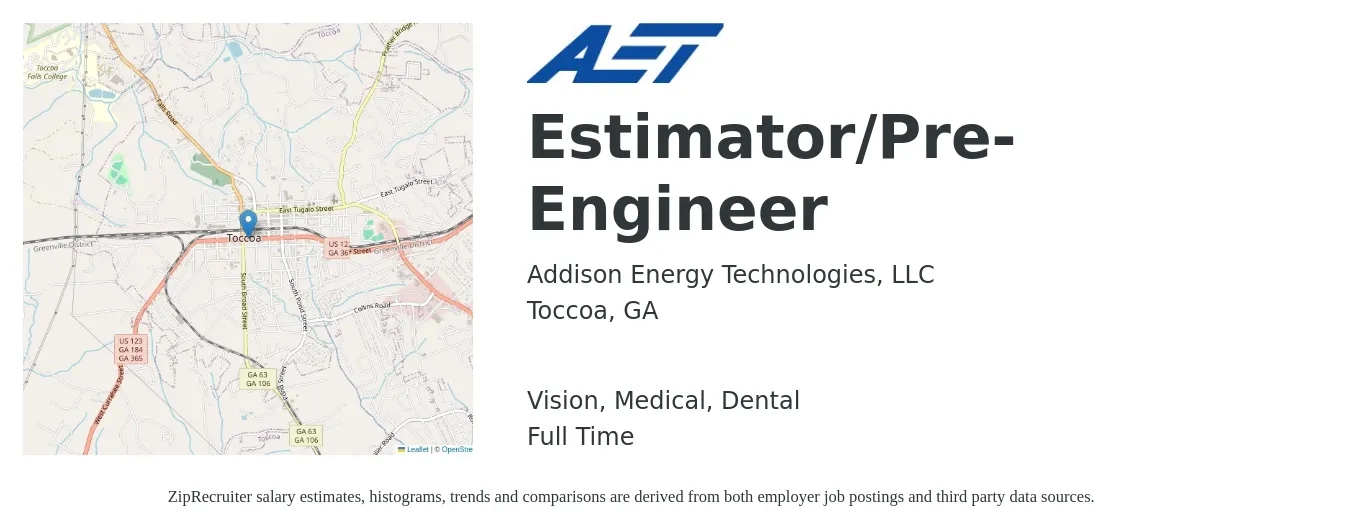 Addison Energy Technologies, LLC job posting for a Estimator/Pre-Engineer in Toccoa, GA with a salary of $41,600 to $67,900 Yearly and benefits including retirement, vision, dental, medical, and pto with a map of Toccoa location.