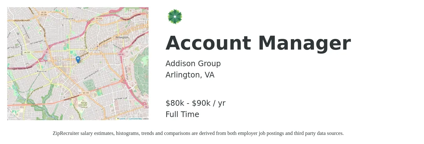 Addison Group job posting for a Account Manager in Arlington, VA with a salary of $80,000 to $90,000 Yearly with a map of Arlington location.