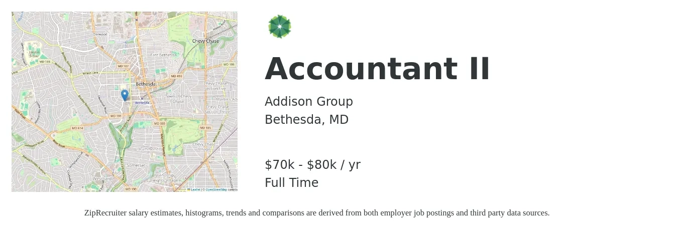 Addison Group job posting for a Accountant II in Bethesda, MD with a salary of $70,000 to $80,000 Yearly with a map of Bethesda location.