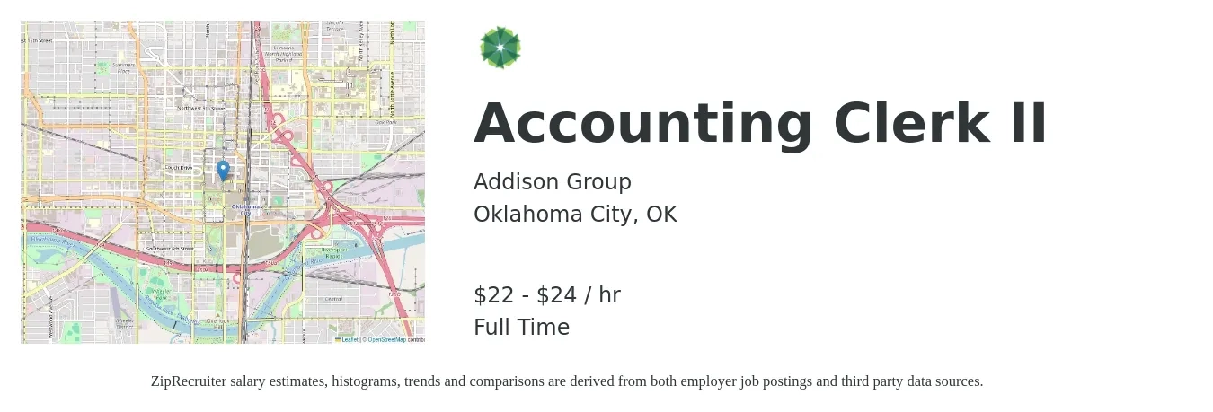 Addison Group job posting for a Accounting Clerk II in Oklahoma City, OK with a salary of $23 to $25 Hourly with a map of Oklahoma City location.
