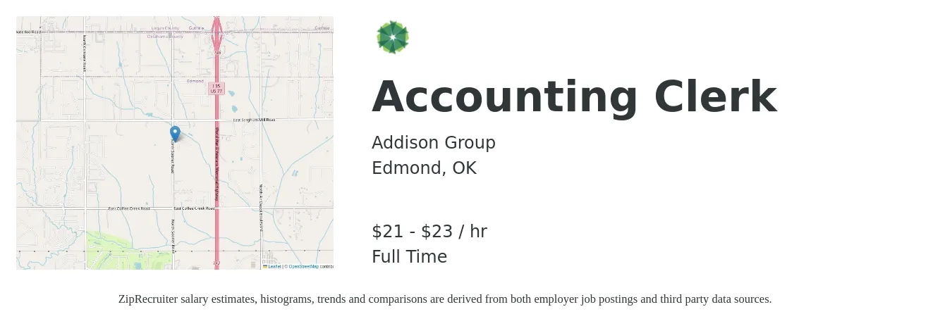 Addison Group job posting for a Accounting Clerk in Edmond, OK with a salary of $22 to $24 Hourly with a map of Edmond location.