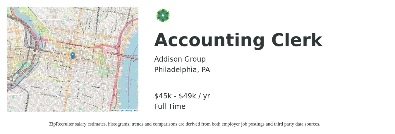 Addison Group job posting for a Accounting Clerk in Philadelphia, PA with a salary of $45,000 to $49,000 Yearly with a map of Philadelphia location.
