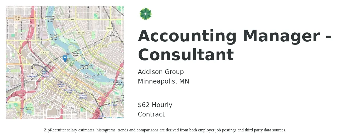 Addison Group job posting for a Accounting Manager - Consultant in Minneapolis, MN with a salary of $65 Hourly with a map of Minneapolis location.