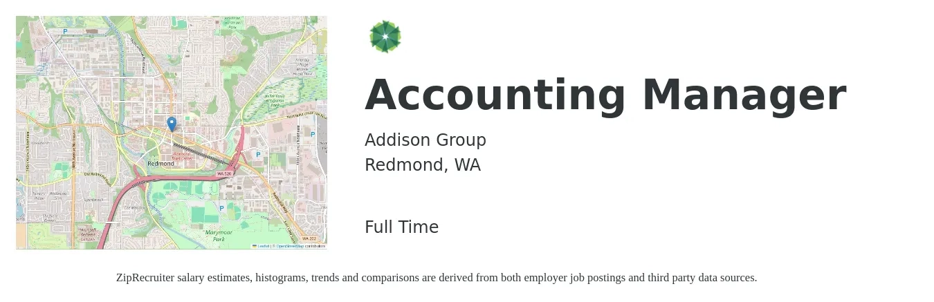 Addison Group job posting for a Accounting Manager in Redmond, WA with a salary of $87,400 to $125,400 Yearly with a map of Redmond location.