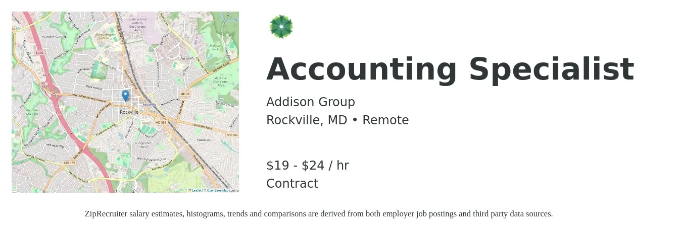 Addison Group job posting for a Accounting Specialist in Rockville, MD with a salary of $20 to $25 Hourly with a map of Rockville location.