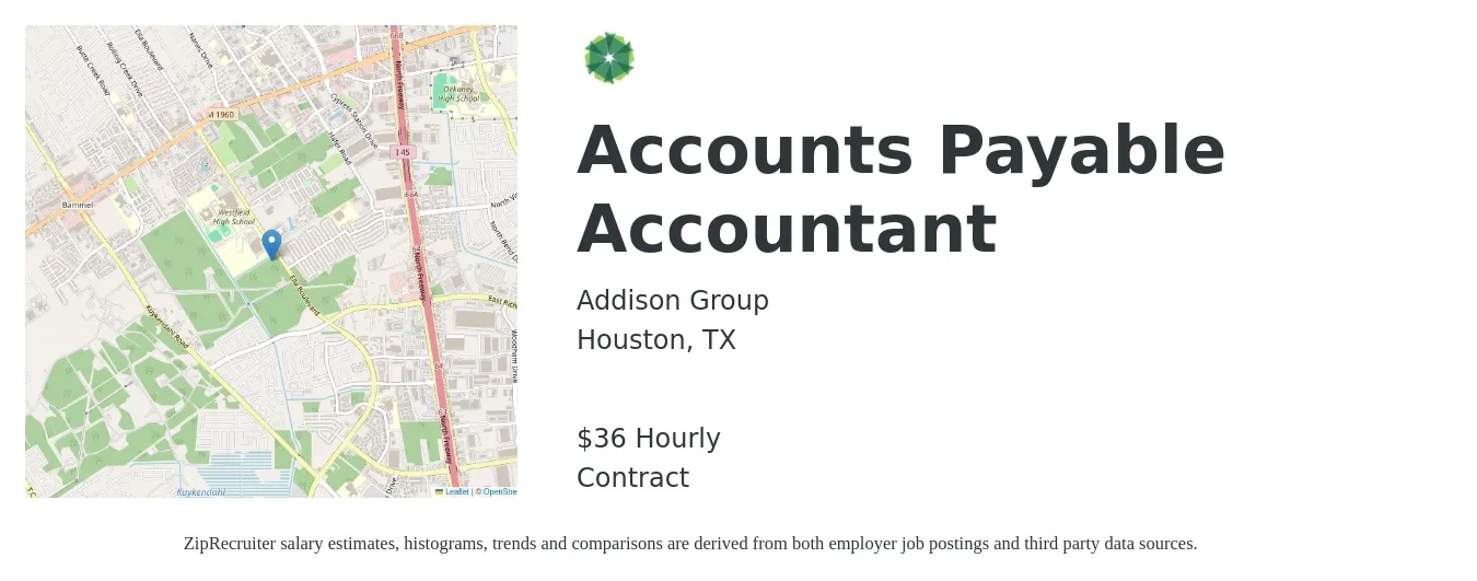 Addison Group job posting for a Accounts Payable Accountant in Houston, TX with a salary of $38 Hourly with a map of Houston location.