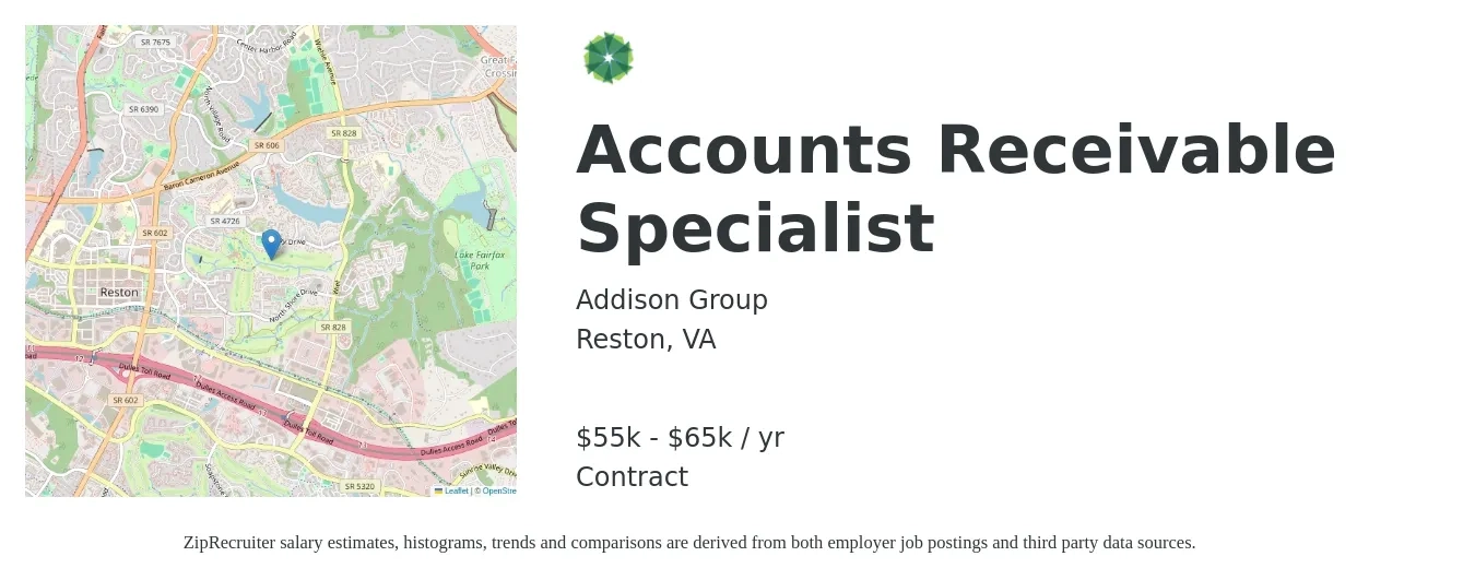 Addison Group job posting for a Accounts Receivable Specialist in Reston, VA with a salary of $55,000 to $65,000 Yearly with a map of Reston location.